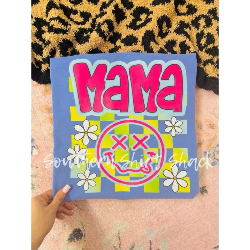 Checkered Trippy Flower Smiley Mama t shirt  | Flo Blue comfort colors t shirt | Smiley mama t shirt Hoodie Sweatshirt