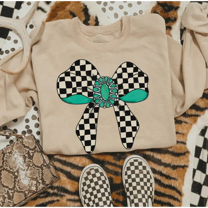 Checkered Turquoise Ribbon Sweatshirt, western clothing hoodies, western outfits women, western tops Shirt