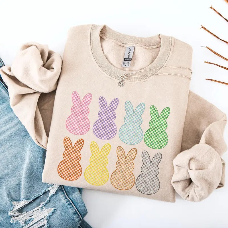Checkered, Faux Glitter Bunnies, Easter, Bunny, Jesus, Rabbit, Holiday Sweatshirt, Crew Neck, Women's, Crewneck Shirt Hoodie