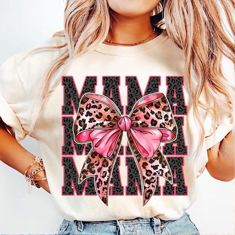 Cheetah Bow Mama tshirt, Preppy sweatshirt, Trendy Mama Coquette Bow T-Shirt Hoodie | PrintMintTees.com