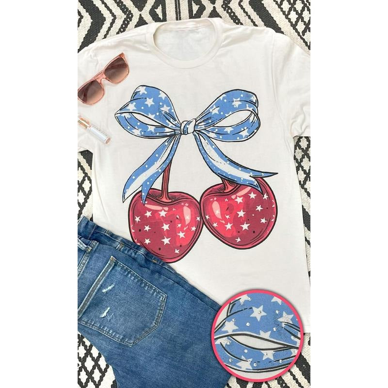 Cherry Bow Americana Rhinestone Graphic T-Shirt Natural Hoodie Sweatshirt | PrintMintTees.com
