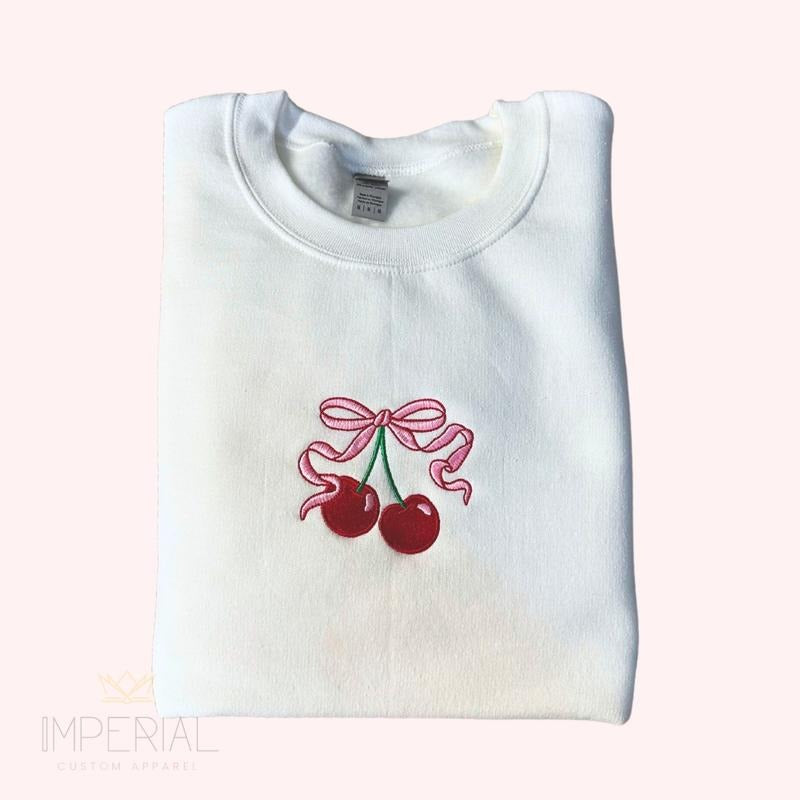 Cherry Bow Embroidered Sweatshirt, Cherry Bow Embroidered T Shirt, Bow Embroidery, Women's Embroidery Sweater, Women...