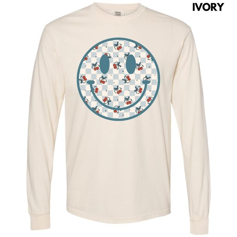 Cherry Checkered Happy Face Long Sleeve Comfort Colors T-Shirt 'NLB' Hoodie Sweatshirt | PrintMintTees.com