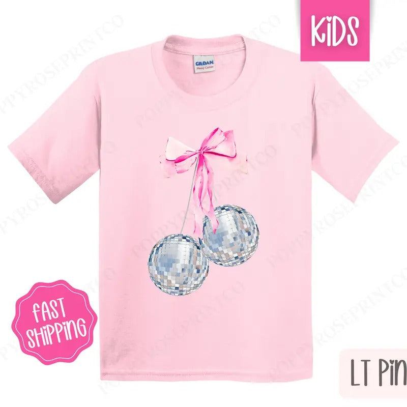 Cherry Disco Bow Kids Shirt - New Year's 2025 Children's Tshirt - Youth NYE Tee Gildan Hoodie, Sweatshirt | PrintMintTees.com