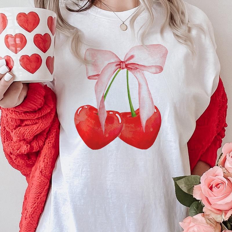 Cherry Valentine T-Shirt coquette Heart Valentine Tee Red Heart Tee Bow and Cherry Tshirt Womens Valentine T-Shirt Love...