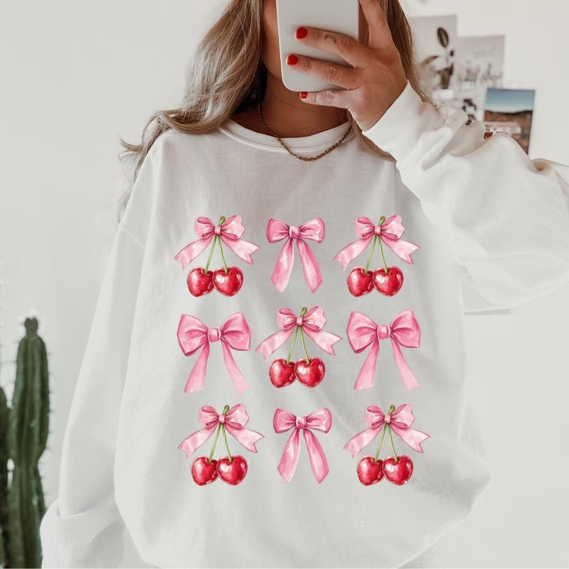 Cherry's and Bows Crewneck, Retro Cotton, Crewneck Fashion Fit Sleeve Comfortable Cute, CASUAL COTTON CREWNECK HOODIE,...