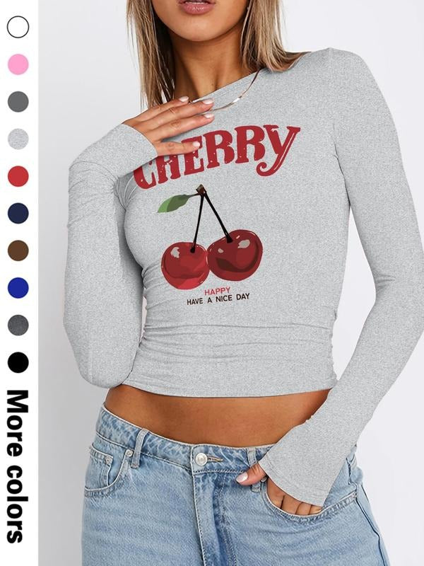 Chic Cherry Print Letter Pattern Long Sleeve Slim Fit Round Neck Women's Short Bodycon T-Shirt, Stylish Summer Casual...
