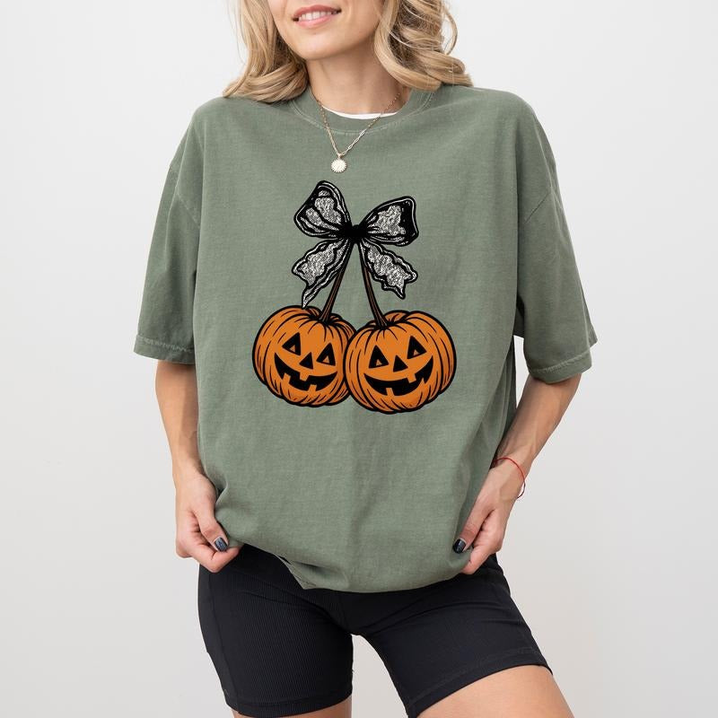 ChicCotton Coquette Pumpkin Cherries Comfort Colors Shirt Lace Bow Halloween Pumpkin Pumpkin Season Spooky Season T-Shirts, Hoodie, Sweatshirt