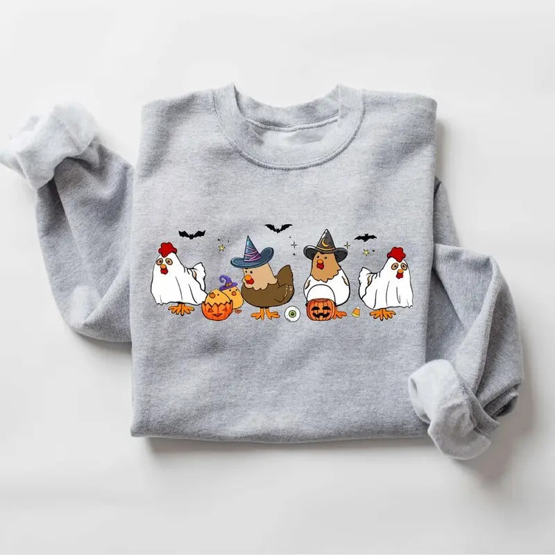 Chicken Halloween Sweatshirt, Halloween Ghost Chicken Sweatshirt, Spooky Chicken Halloween Cotton Sweaters Shirt Hoodie