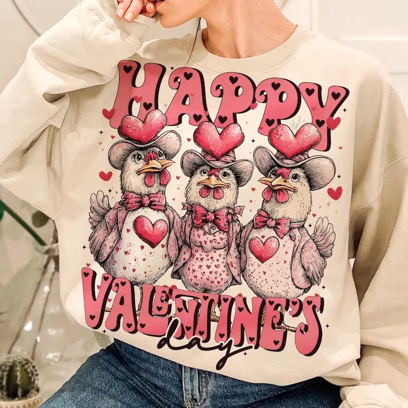 Chicken Happy valentine's day Sweatshirt Howdy Valentine Coquette , Valentines, Valentines  , farmer Shirt Hoodie