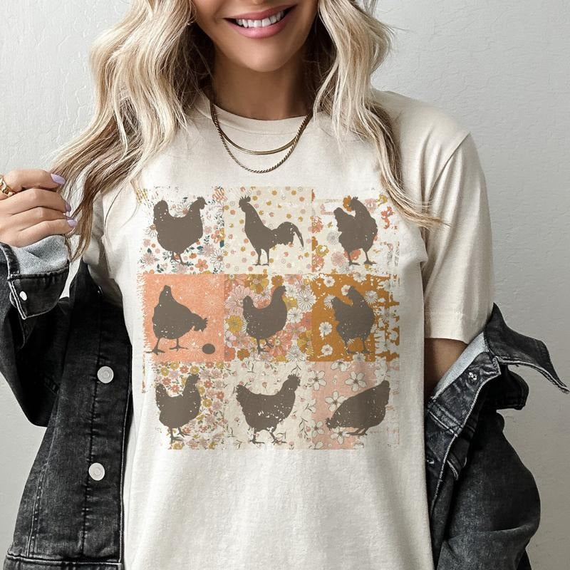 Chicken Tshirt Chicken Collage Tee Chick Top Farm Animal T-Shirt Country Farm Top Womens Country Girl Tees Girls Chicken...