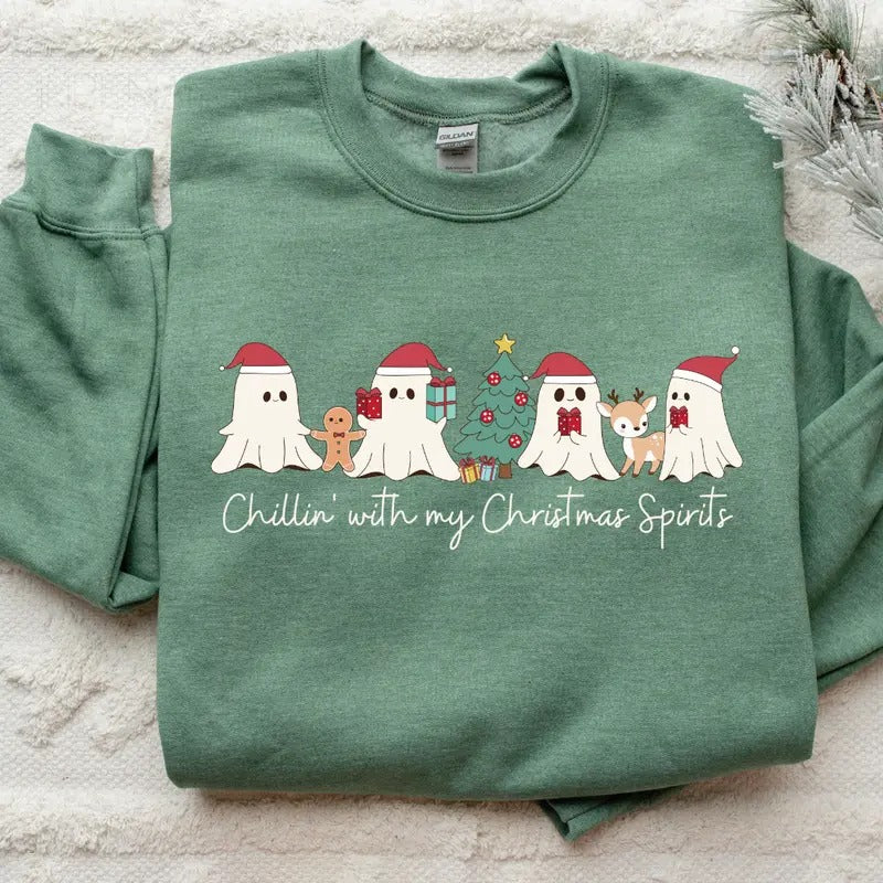 Chillin with my Christmas Spirits Sweatshirt, Christmas Ghosts Sweatshirt, Christmas Sweater, Comfort Colors Printed...