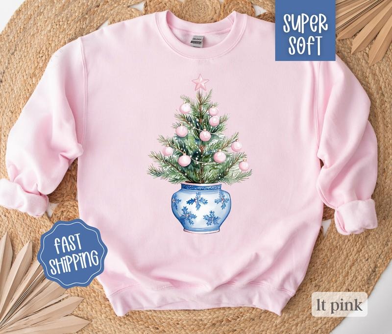 Chinoiserie Christmas Tree Sweatshirt, Merry Christmas Sweater, Women's Holiday Crewneck Shirt Hoodie | PrintMintTees.com