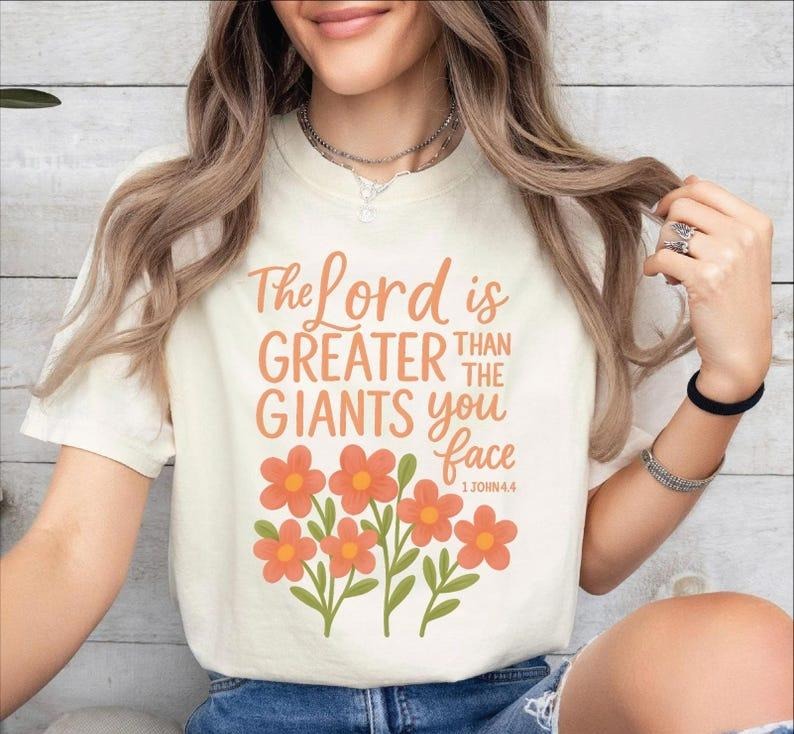Christian "The Lord is Greater" Tshirt, Inspirational Floral Tee, Jesus, Faith Shirt, Scripture, Bible Verse T-Shirt...