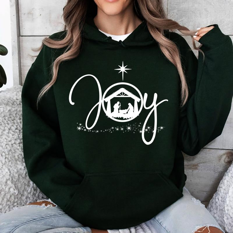 Christian Christmas Joy Jesus Nativity Scene Faith Graphic Hoodie Fleece Fabric Casual Hooded Sweatshirt Trendy Tops...