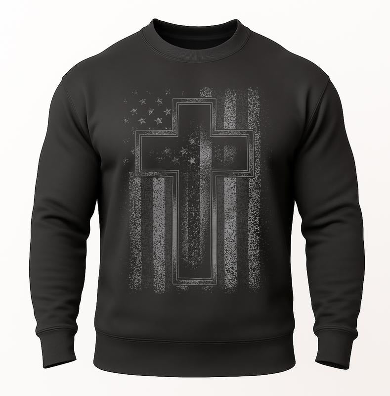 Christian Cross American Flag Sweatshirt Faith & Patriotic Crewneck Unisex Winter Fleece Inspirational Gift for Men Shirt...