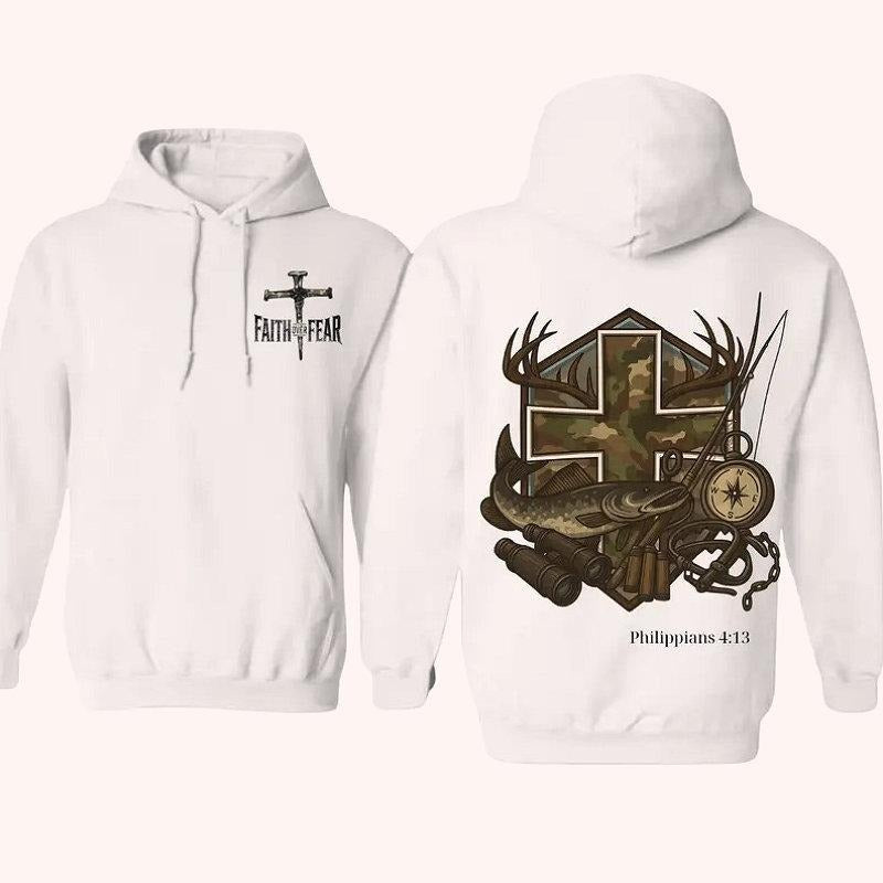 Christian Faith Over Fear Hoodie With Camo Cross Antlers And Fishing 2 Sided Graphic Hoodie Casual Fleece Fabric Hooded...