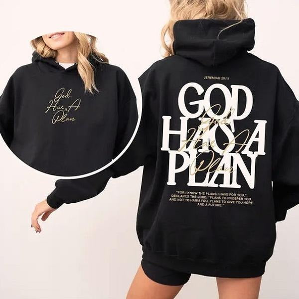Christian God Has A Plan 2 Sided Graphic Hoodie Fleece Fabric Casual Hooded Sweatshirt Trendy Tops Perfect Gift Shirt