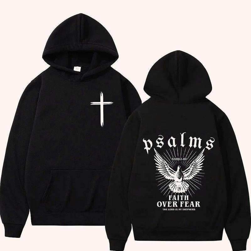 Christian Jesus Faith Over Fear Bible Verse 2 Sided Graphic Hoodie Casual Street Style Fleece Fabric Pullover Hooded...