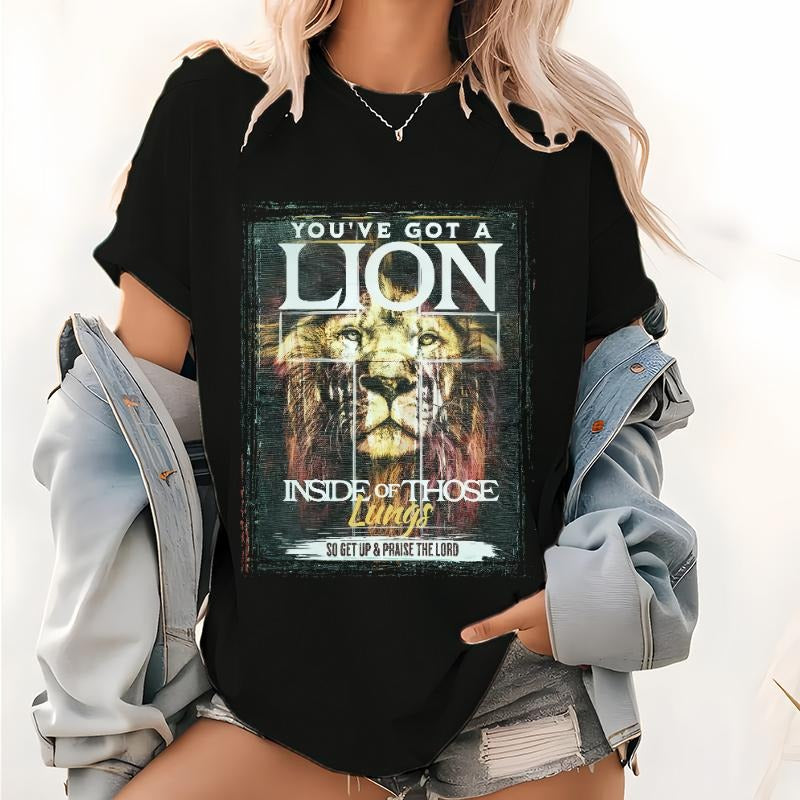 Christian Lion Pattern T Shirt, You've Got A Lion Inside Of Those Lungs Teal Tops, Womens Christian Religious Tee & Shirt...
