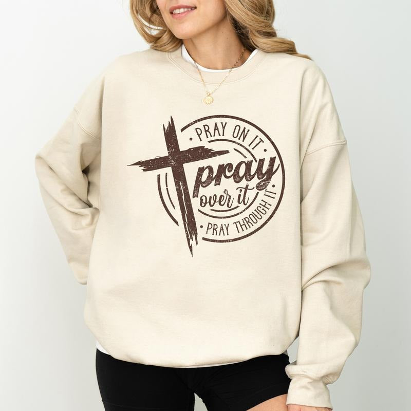 Christian Pray Sweatshirt, Pray On It Crewneck, Christian Cross Sweaters for Women, Bible Verse Sweatshirt, Faith Based...