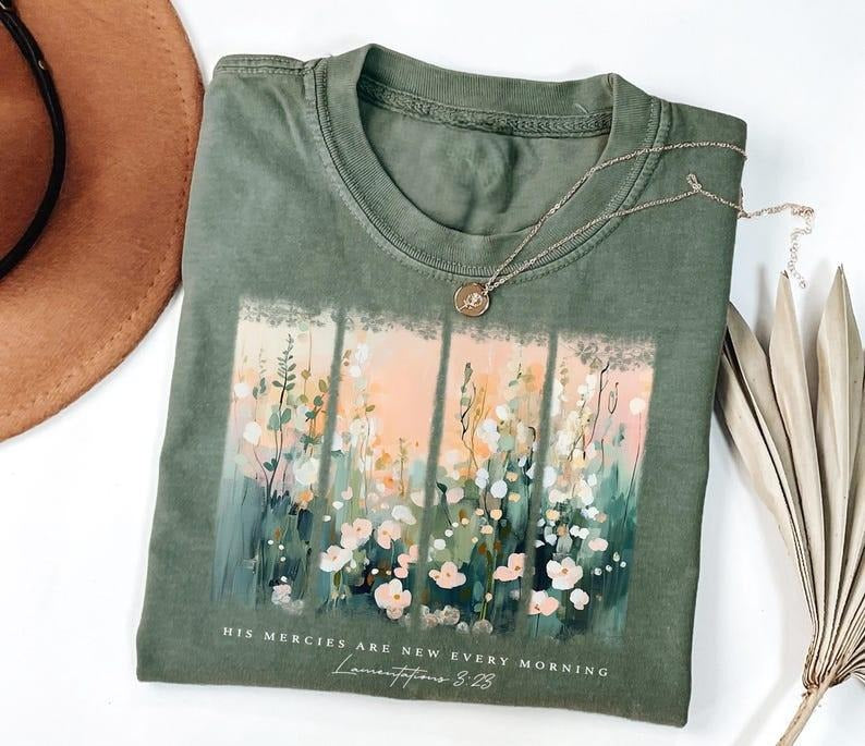 Christian Tshirt, His Mercies Are New Every Morning Bible Verse Shirt, Religious Women Gift, Faith Christian Floral Jesus...