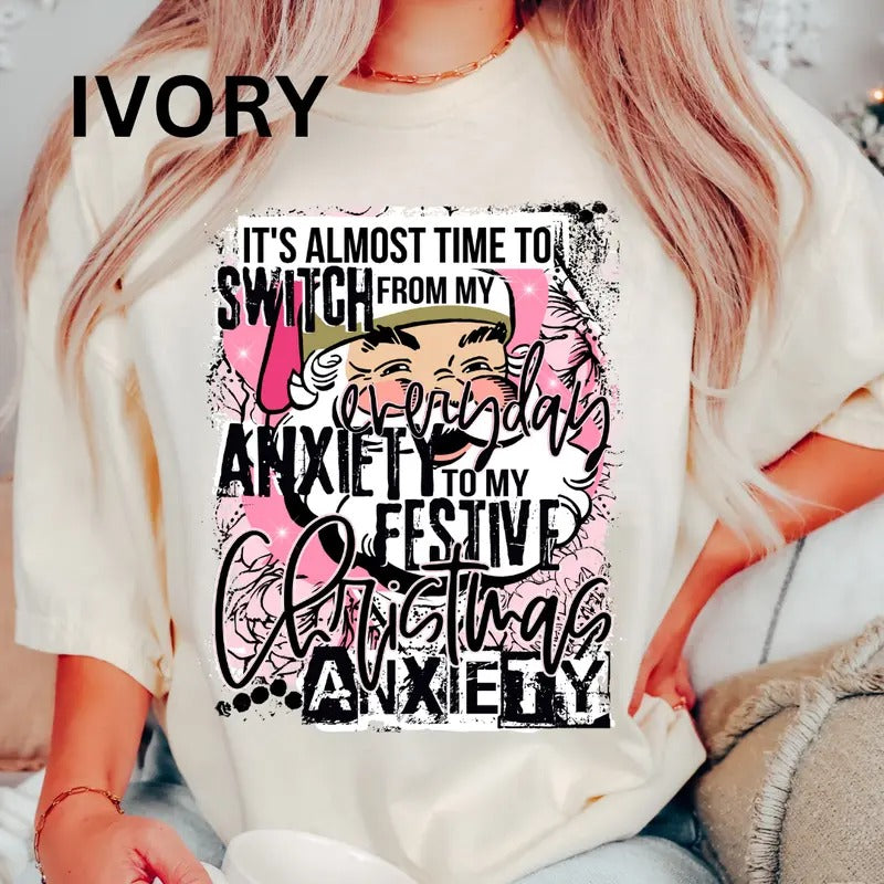 Christmas Anxiety Funny Shirt, christmas shirt Women's Oversized Christmas Shirt - Festive Printed Design