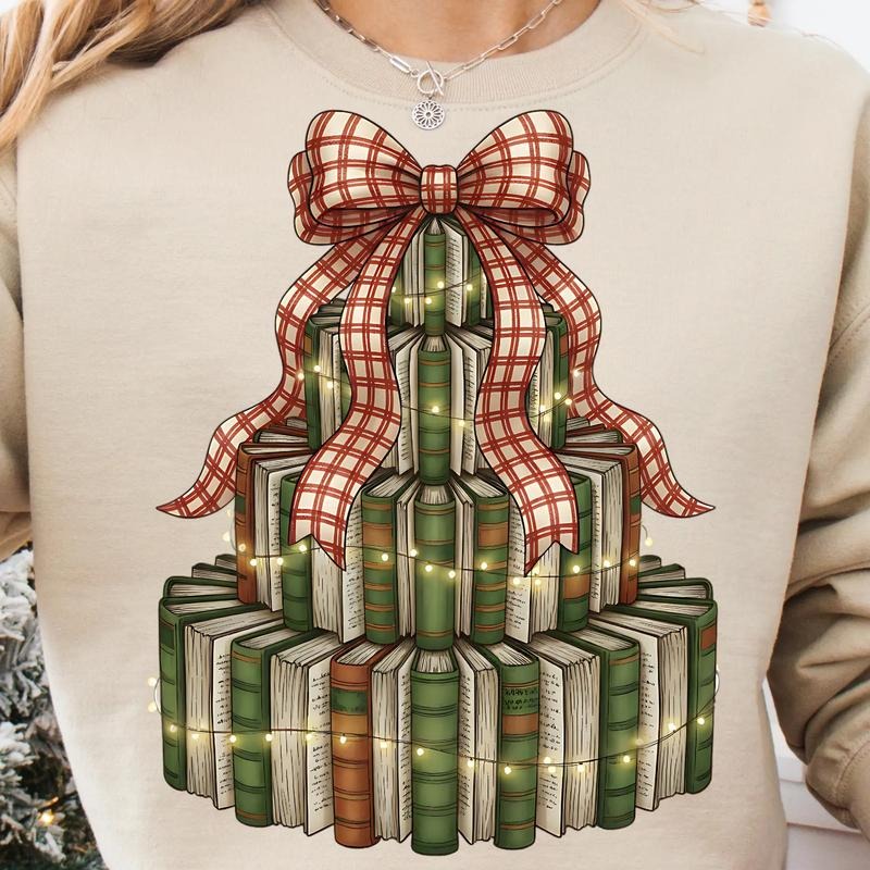 Christmas Book Tree Sweatshirt and T-Shirt, Retro Reading Christmas Shirt, Librarian Holiday Outfit, Teacher Christmas...