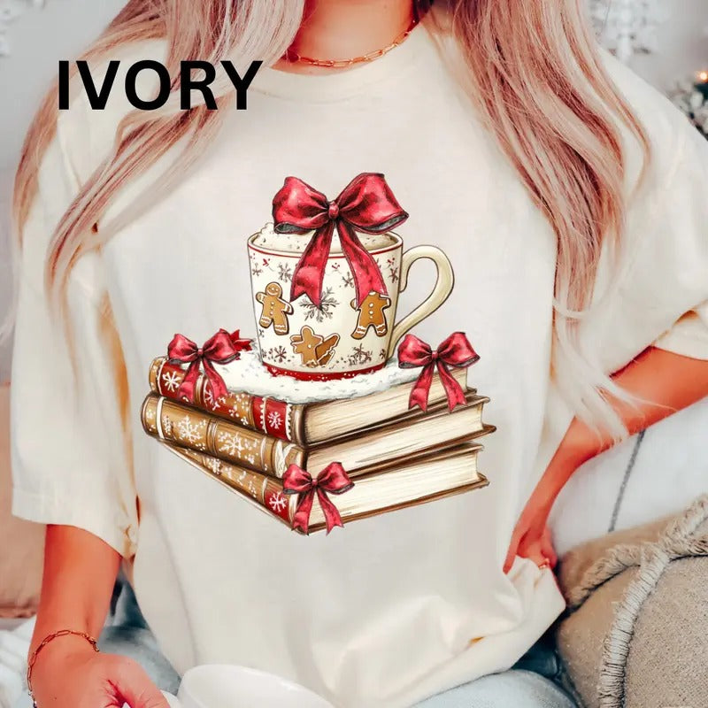 Christmas Books and Coffee Shirt~ Unisex Apparel Relaxed Fit Printed In The USA Clothing Womenswear Casual Comfort Cotton...