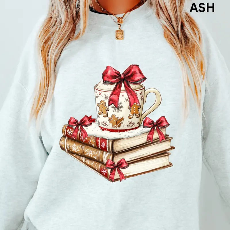 Christmas Books and Coffee Sweatshirt Christmas Winter Graphic  Casual Cotton Polyester Oversized sweatshirt
