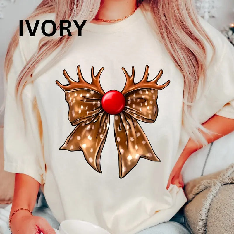 Christmas Bow Coquette Shirt, Rudolph The Reindeer Bow, Comfort Colors Christmas Graphic Shirt, Cotton Unisex Top Hoodie...