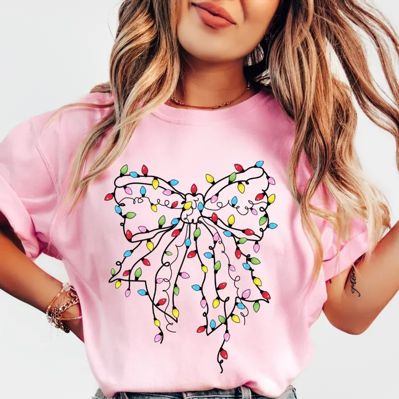 Christmas Bow Shirt, Christmas Lights Bow 2 Shirt, (COMFORT COLORS T-SHIRT, CASUAL SHIRT UNISEX, CHRISTMAS CLOTHING,...