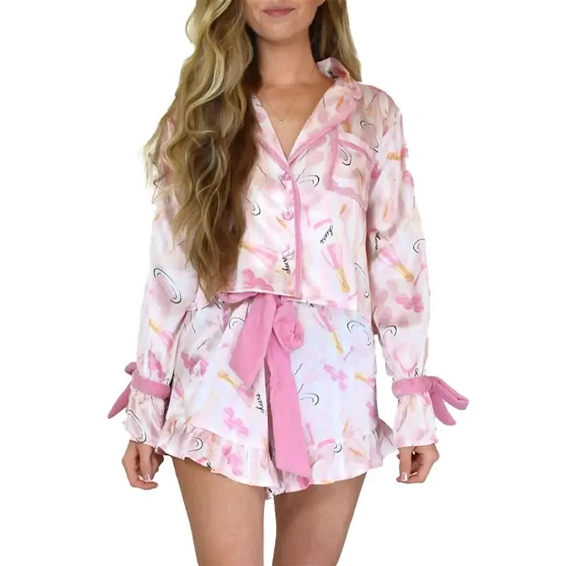 Christmas Bow Tie Sleeve Pajamas Set for Women Sain Pj Set Tie Long Sleeve Button Down Santa Shirt Loose Shorts Hoodie...