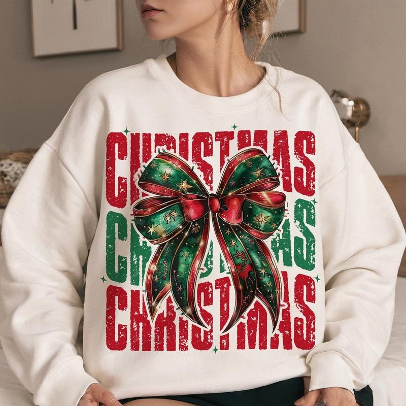 Christmas Coquette Bow Sweatshirt, Christmas Season Sweatshirt, Christmas girly Sweatshirt, Christmas 2024 Shirt Cotton...