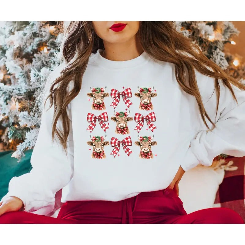 Christmas Coquette Cow Sweatshirt Christmas Bow Sweatshirt Shirt Hoodie | PrintMintTees.com