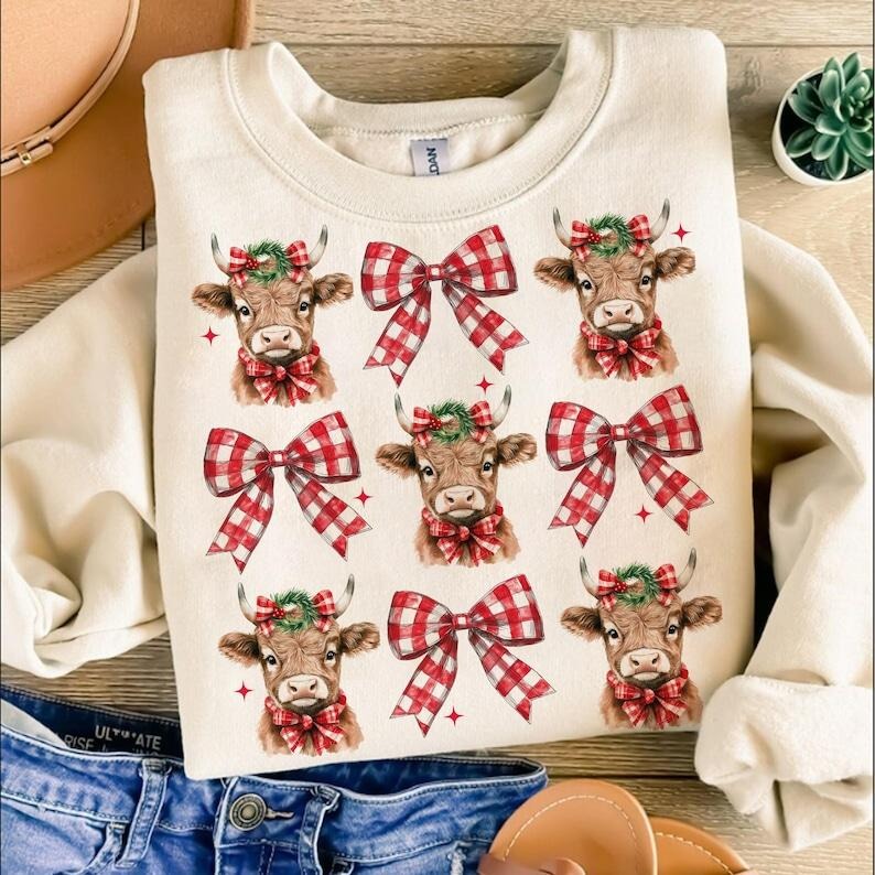 Christmas Coquette Highland Cow , Western Christmas Sweatshirt Shirt Hoodie | PrintMintTees.com