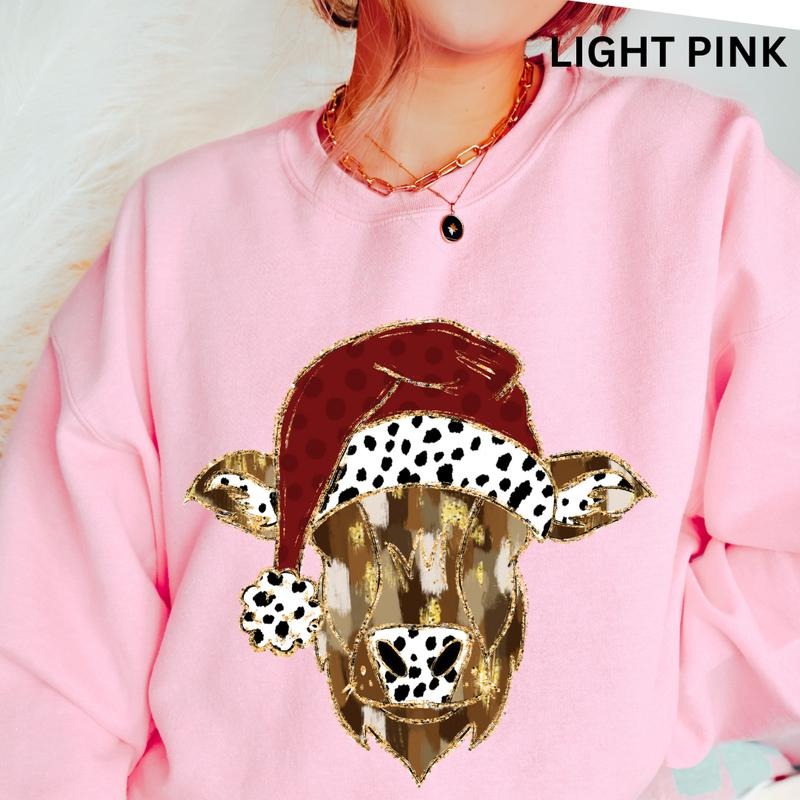 Christmas Cow Faux Glitter Cow Sweatshirt Sleeve Casual Cotton Polyester Oversized sweatshirt