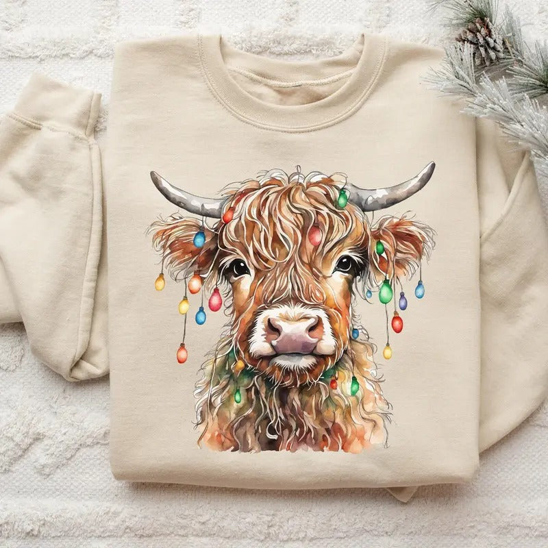 Christmas Cow Sweatshirt, Cow Lights Sweater, Cow Women Sweatshirt, Cow Lover Shirt, Christmas Sweatshirt, Highland Cow...