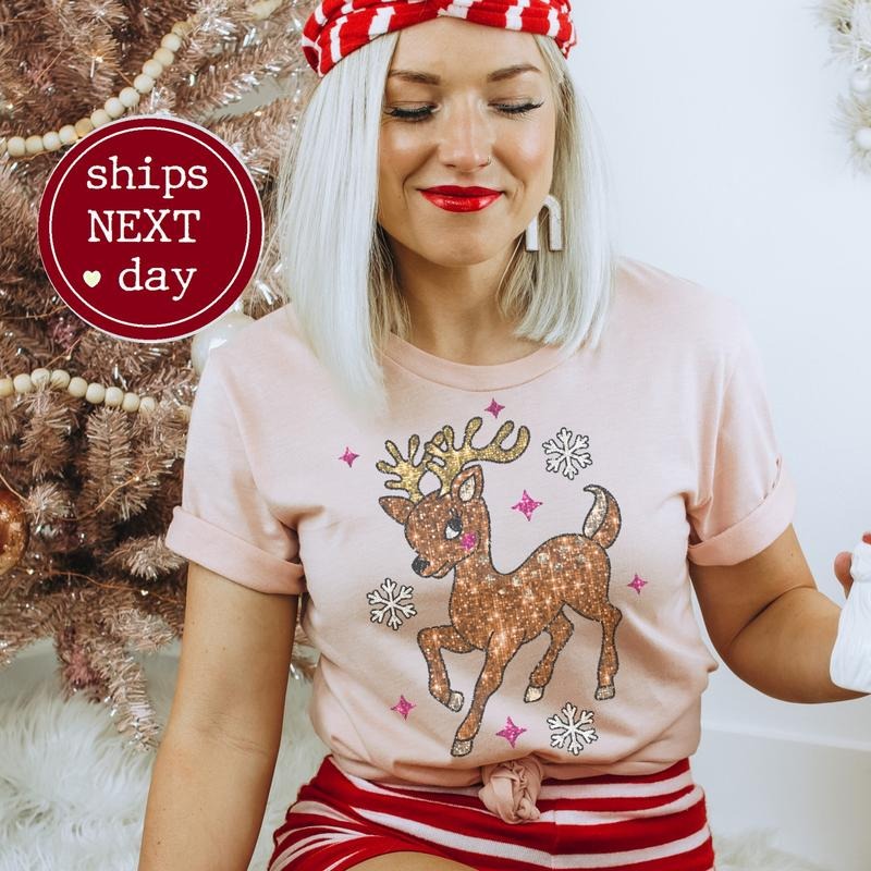 Deer Faux Glitter Whimsical Deer Xmas Snowy Cotton Casual Top Womenswear Comfortable Everyday Fit T-Shirts, Hoodie, Sweatshirt