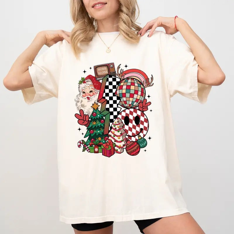Christmas Doodles Graphic Shirt Comfort Colors, Girly Christmas Tee for Women, Santa Claus Christmas Tree Shirt,...
