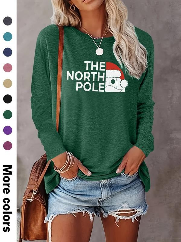 Christmas Fashion Casual Simple Santa Letters Print Long Sleeve T-Shirt, Comfortable Fabric, 9 Colors Available, All...