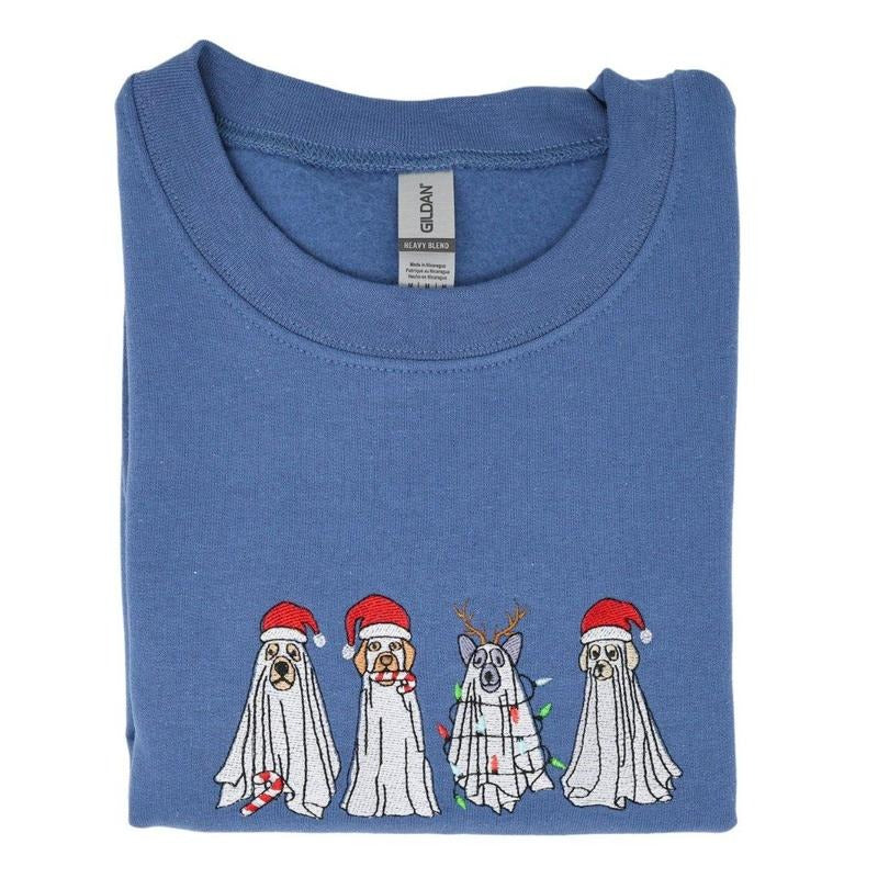 Christmas Ghost Dogs Embroidered Sweatshirt T-Shirts, Hoodie | PrintMintTees.com