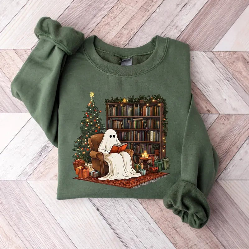 Christmas Ghost Reading Book Sweatshirt, Christmas Teacher Sweatshirt, Librarian Ghost Christmas Sweater, Retro Ghost...