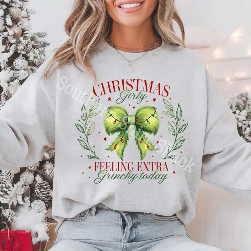 Christmas Girly Bow Sweatshirt | Christmas Sweatshirt Shirt Hoodie | PrintMintTees.com