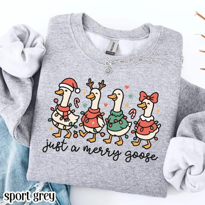 Christmas Goose Sweatshirt, Funny Holiday Santa Lights Sweater, Festive Jolly Goose Pullover, Merry Christmas Crewneck,...