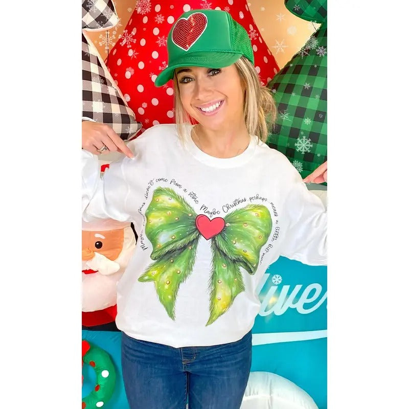 Christmas Green Bow Graphic Long Sleeve T-Shirt Hoodie Sweatshirt | PrintMintTees.com