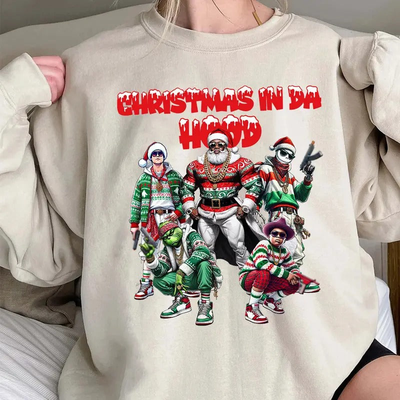 Christmas In Da Hood Shirt, Christmas Movies Shirt, Xmas Graphic Tee Comfort Cotton Fabric Womenswear Hoodie Sweatshirt