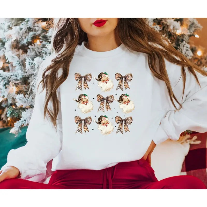 Christmas Leopard Coquette Santa Sweatshirt Leopard Bow Sweatshirt Shirt Hoodie | PrintMintTees.com