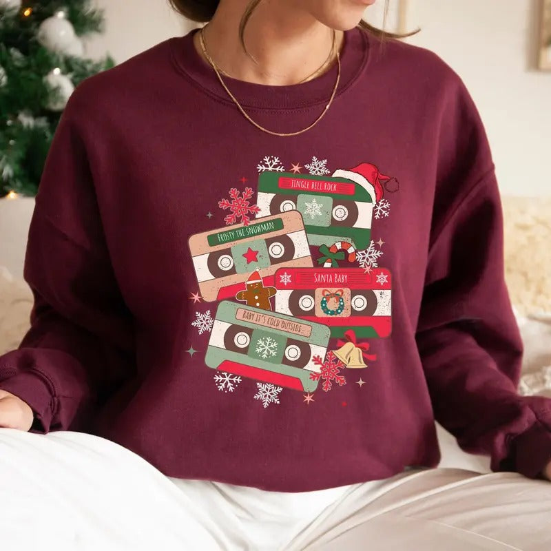 Christmas Music Cassette Tapes Sweatshirt, Christmas Song Tee Shirt, Cozy Christmas Music Sweater, Vintage Christmas...