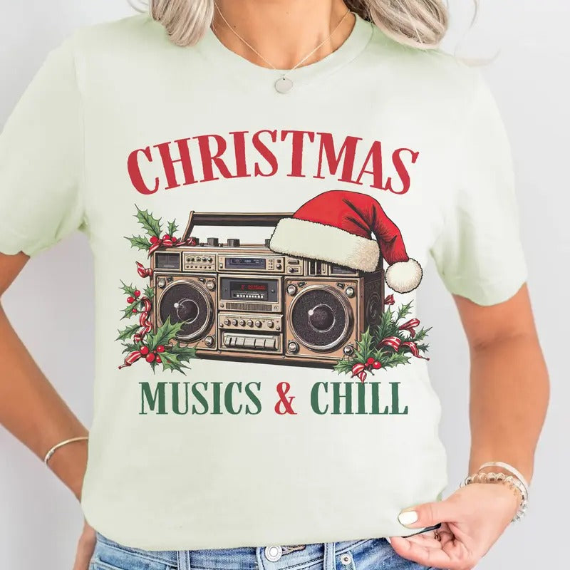 Christmas Music and Chill Tees Retro Christmas Music and Chill Sweatshirt Holiday Vibe Tshirt Vintage Christmas Gift...